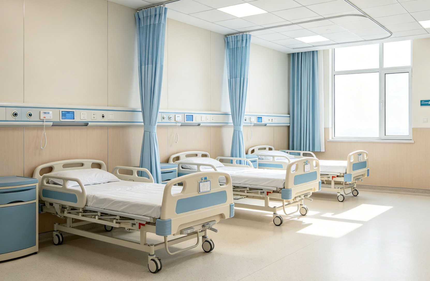 Widely used on walls in hospital wards, featuring antibacterial properties, fire resistance, and easy cleaning.