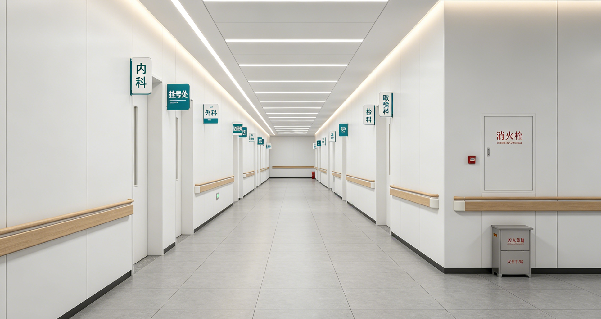 Widely used on walls in hospital corridor, featuring antibacterial properties, fire resistance, and easy cleaning.